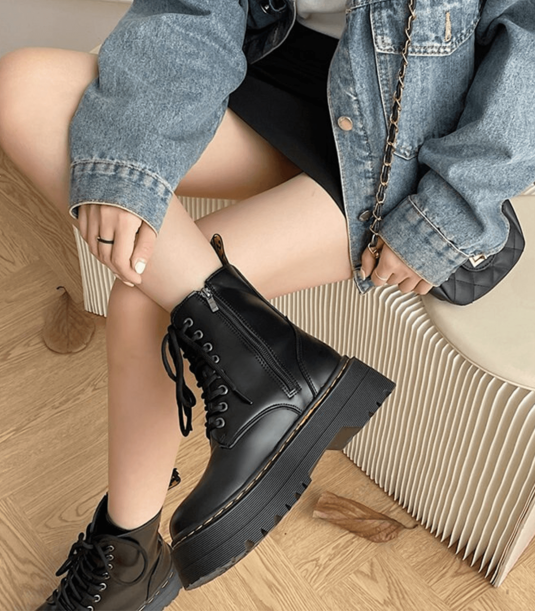 Platform Combat Boots | Black Leather Lace-Up Design