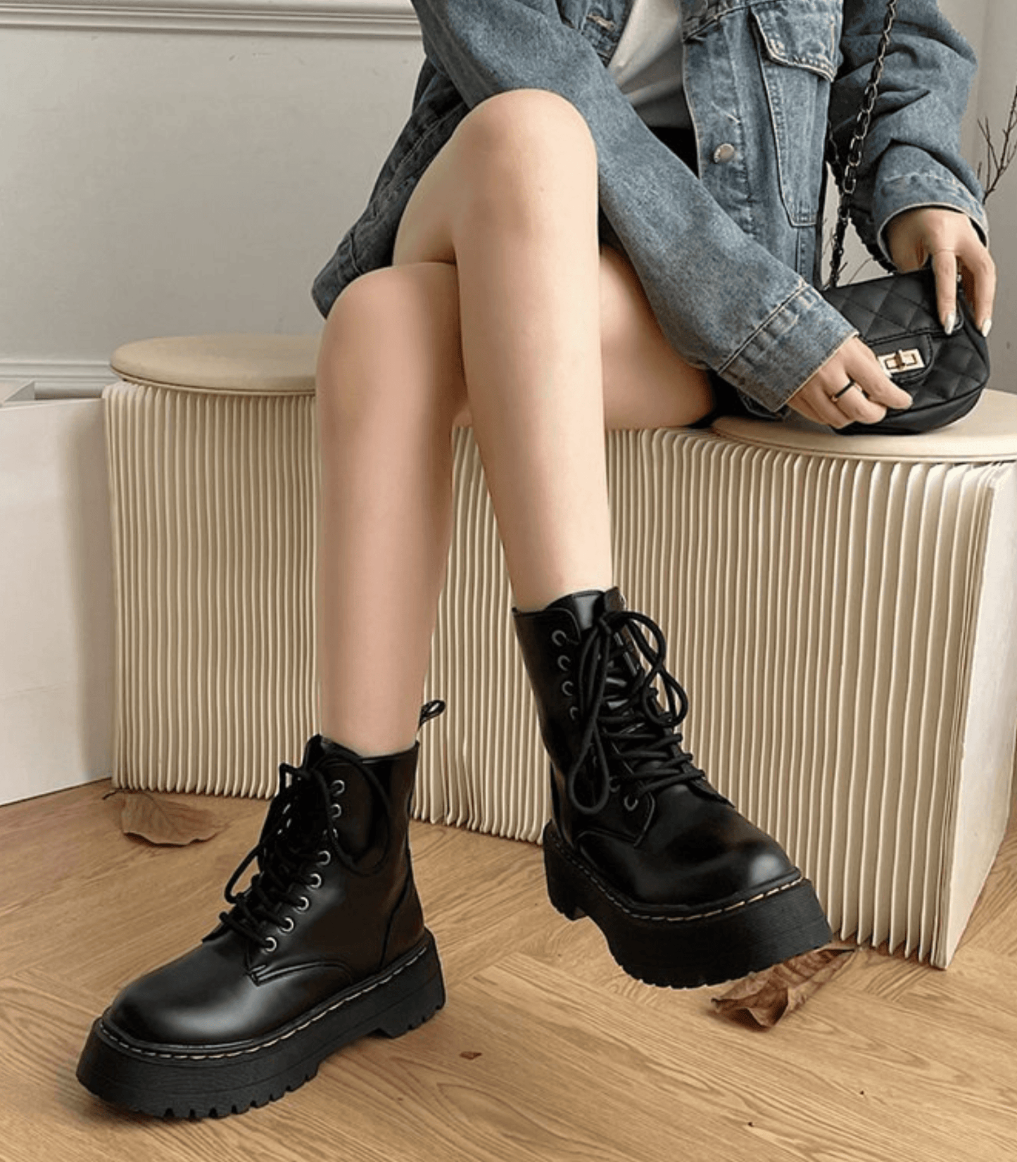 Platform Combat Boots | Black Leather Lace-Up Design