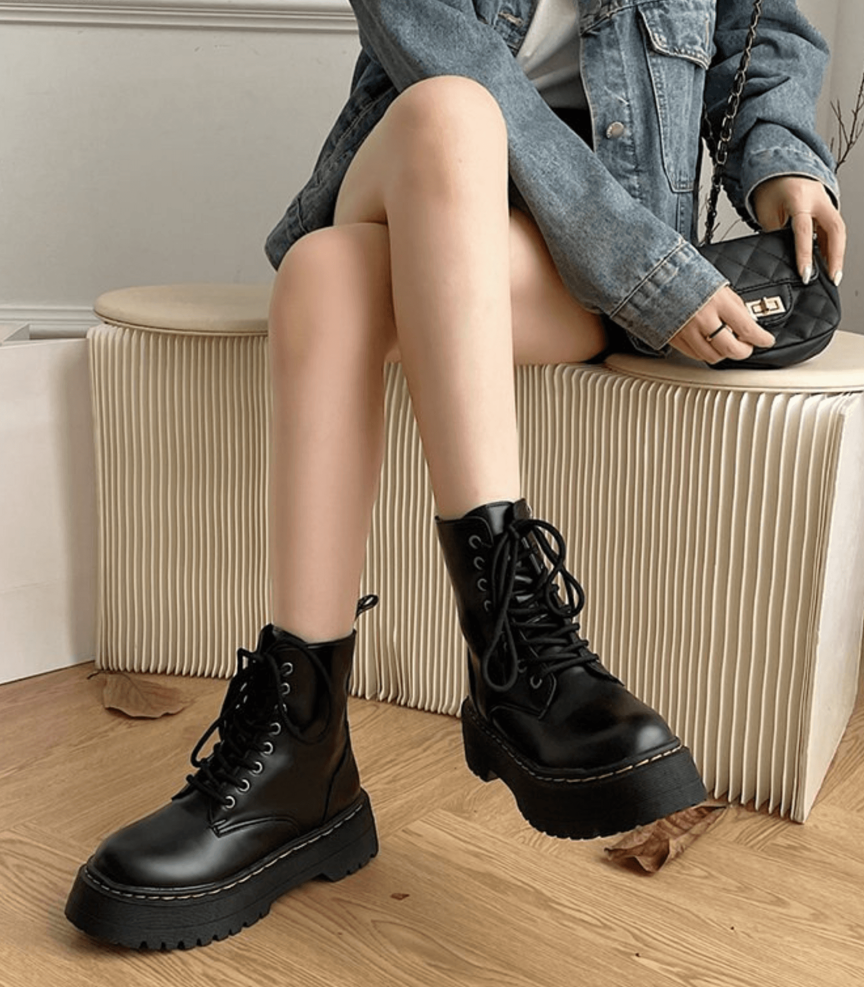 Platform Combat Boots | Black Leather Lace-Up Design