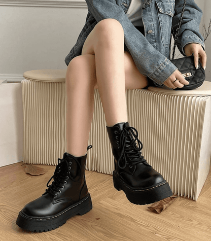 Platform Combat Boots | Black Leather Lace-Up Design