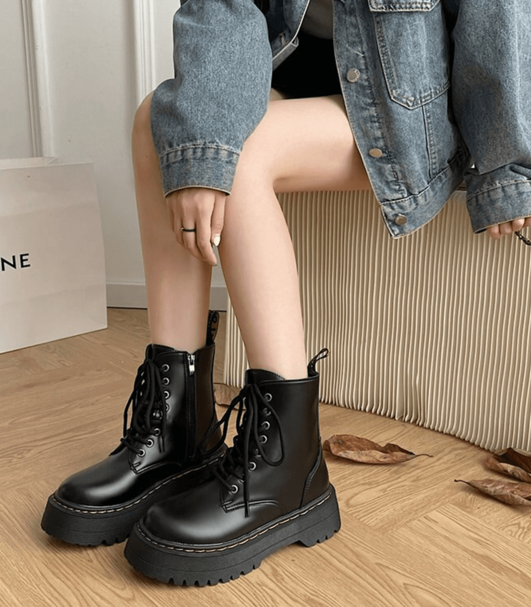 Platform Combat Boots | Black Leather Lace-Up Design