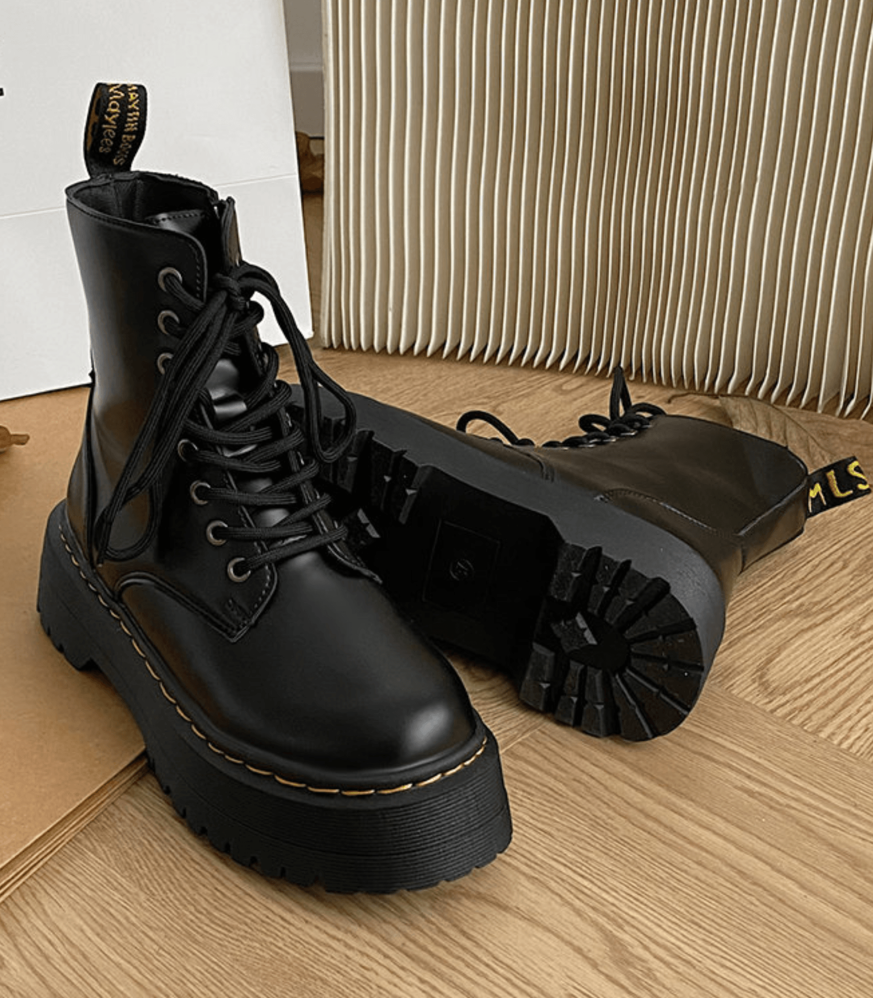 Platform Combat Boots | Black Leather Lace-Up Design