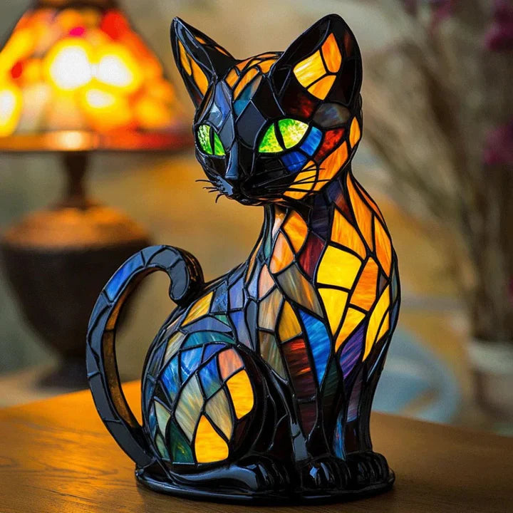 Handmade Stained Glass Cat Lamp | Colorful Mosaic Night Light