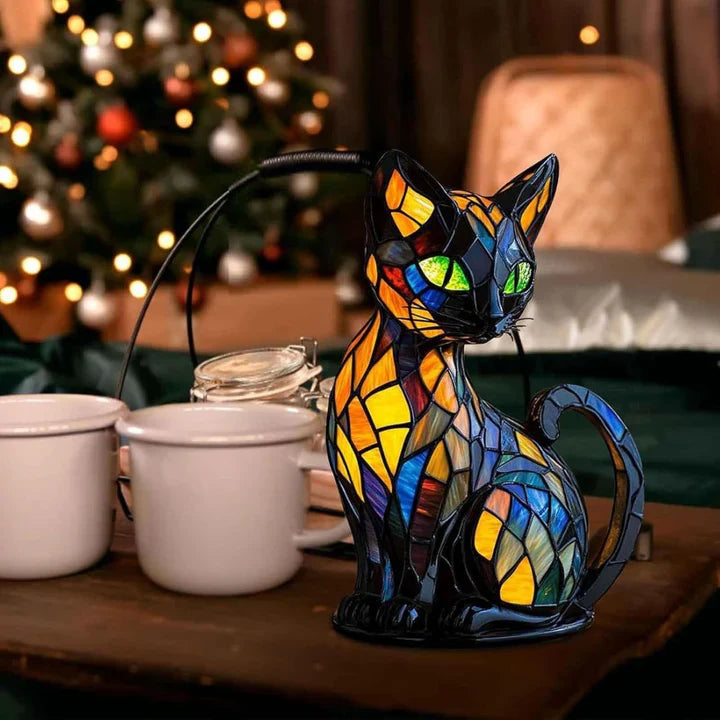 Handmade Stained Glass Cat Lamp | Colorful Mosaic Night Light