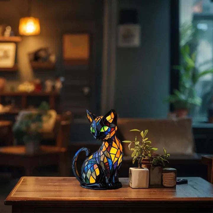 Handmade Stained Glass Cat Lamp | Colorful Mosaic Night Light