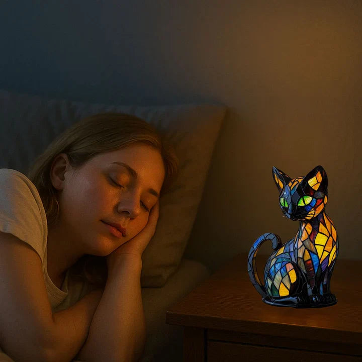 Handmade Stained Glass Cat Lamp | Colorful Mosaic Night Light