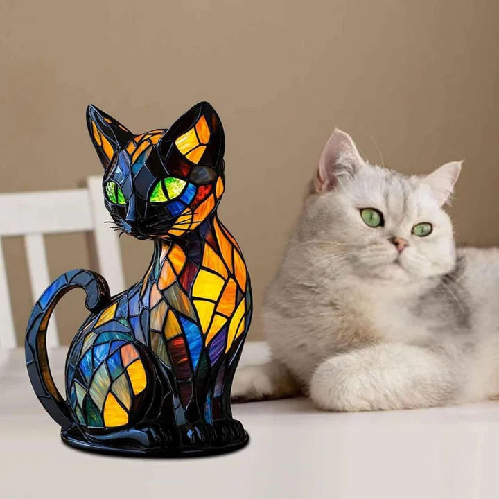 Handmade Stained Glass Cat Lamp | Colorful Mosaic Night Light
