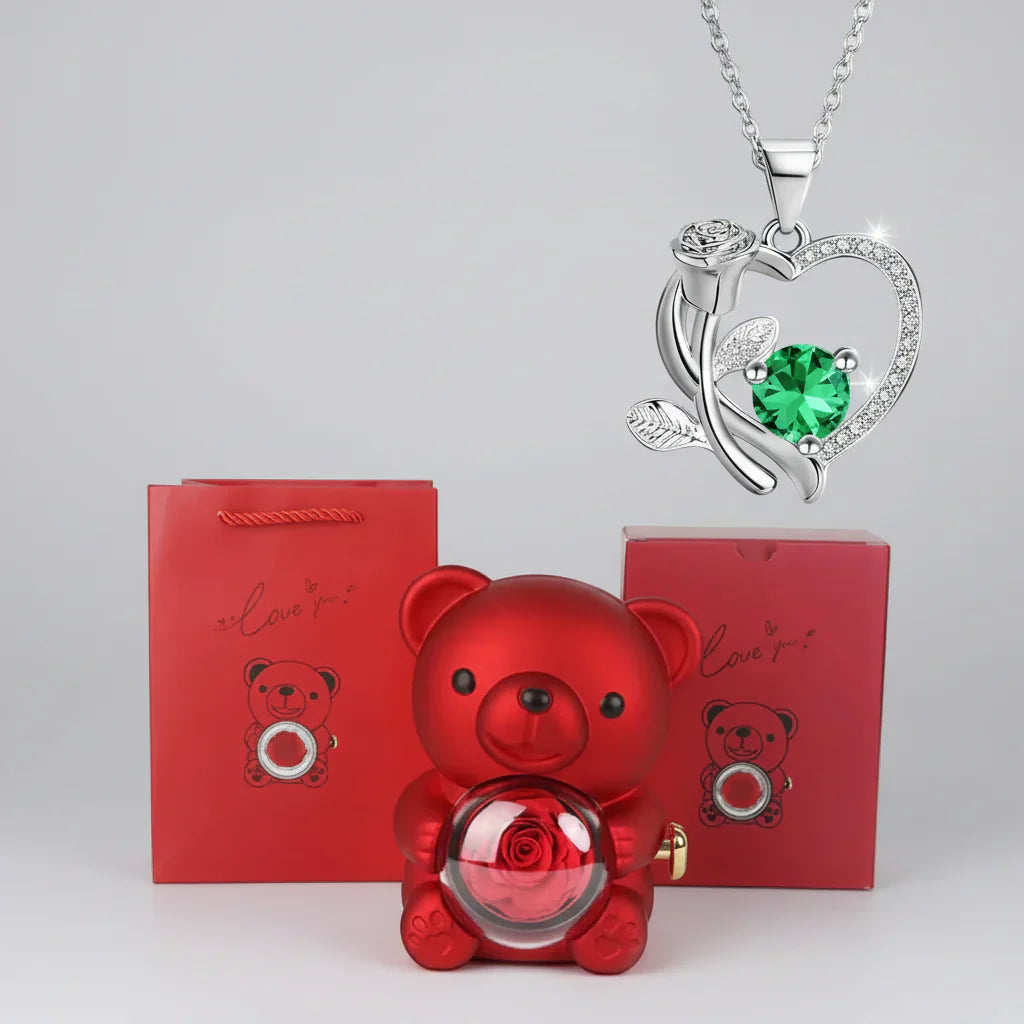 Red Heart Pendant Necklace Cute Bear Rose Gift Box