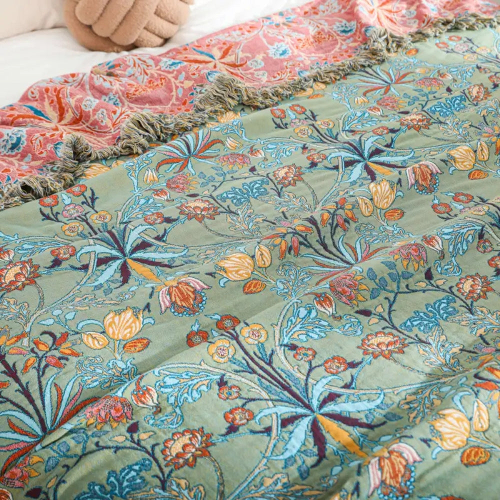 Floral Cotton Throw Blanket with Tassels - Greenery Home Decor