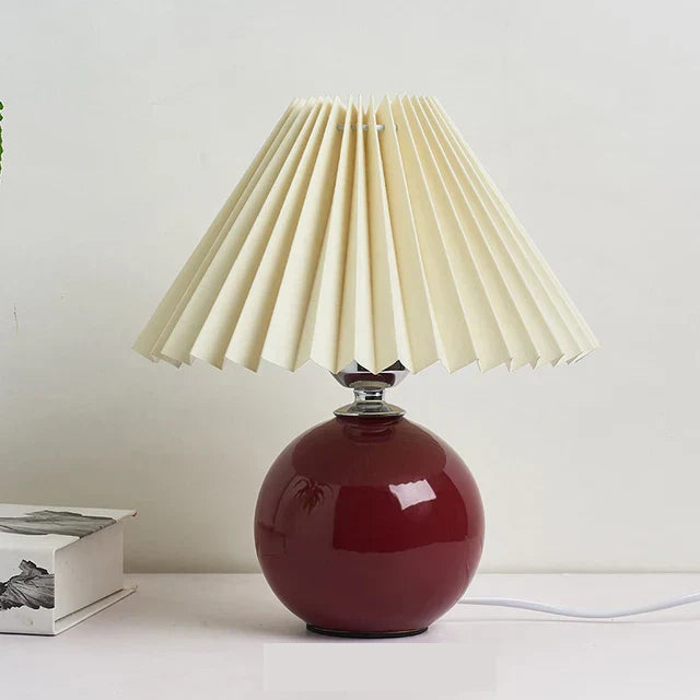 Modern Ceramic Table Lamp with Cream Pleated Shade & Burgundy Base