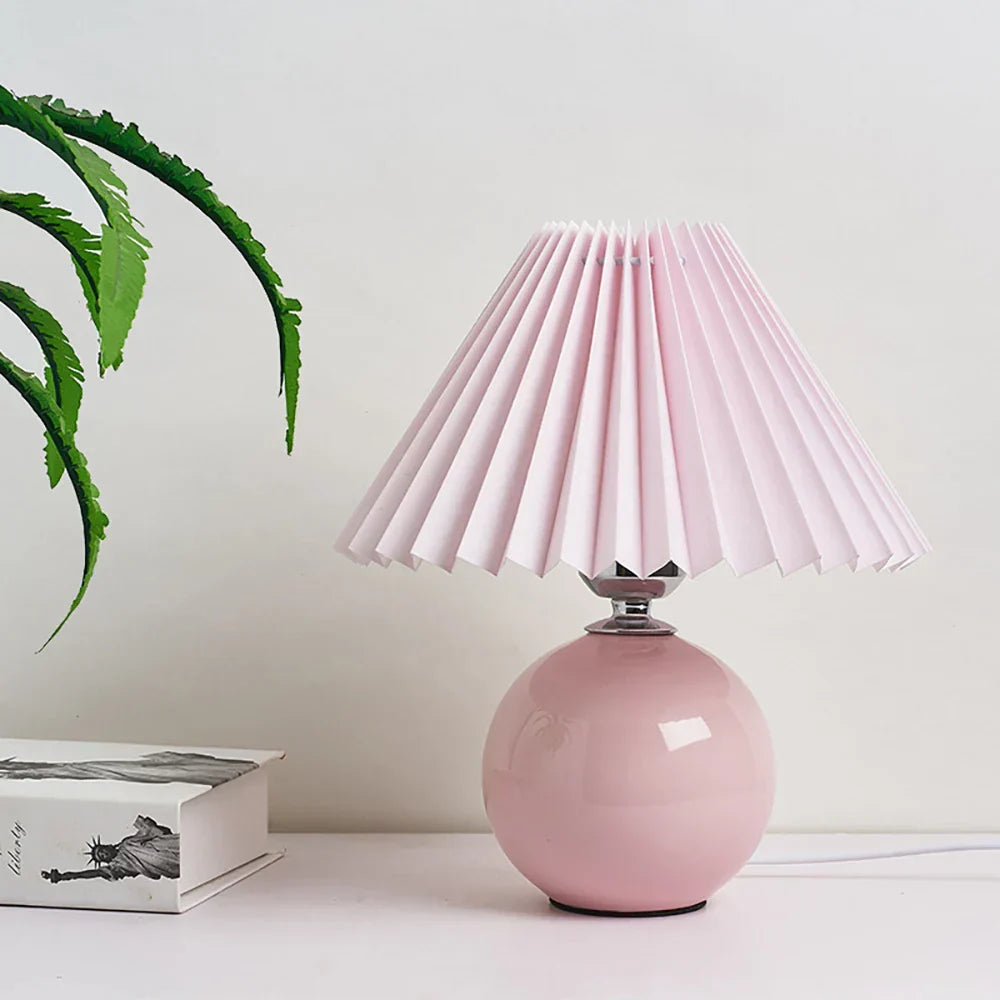 Modern Ceramic Table Lamp with Cream Pleated Shade & Burgundy Base