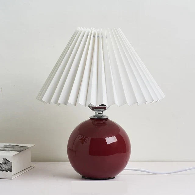 Modern Ceramic Table Lamp with Cream Pleated Shade & Burgundy Base