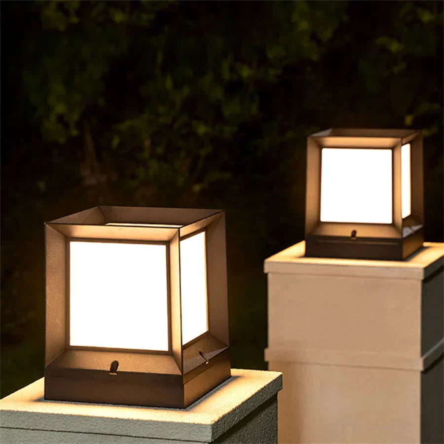 Modern Outdoor Black Cube Post Light | Stylish Pillar Lamp for Garden