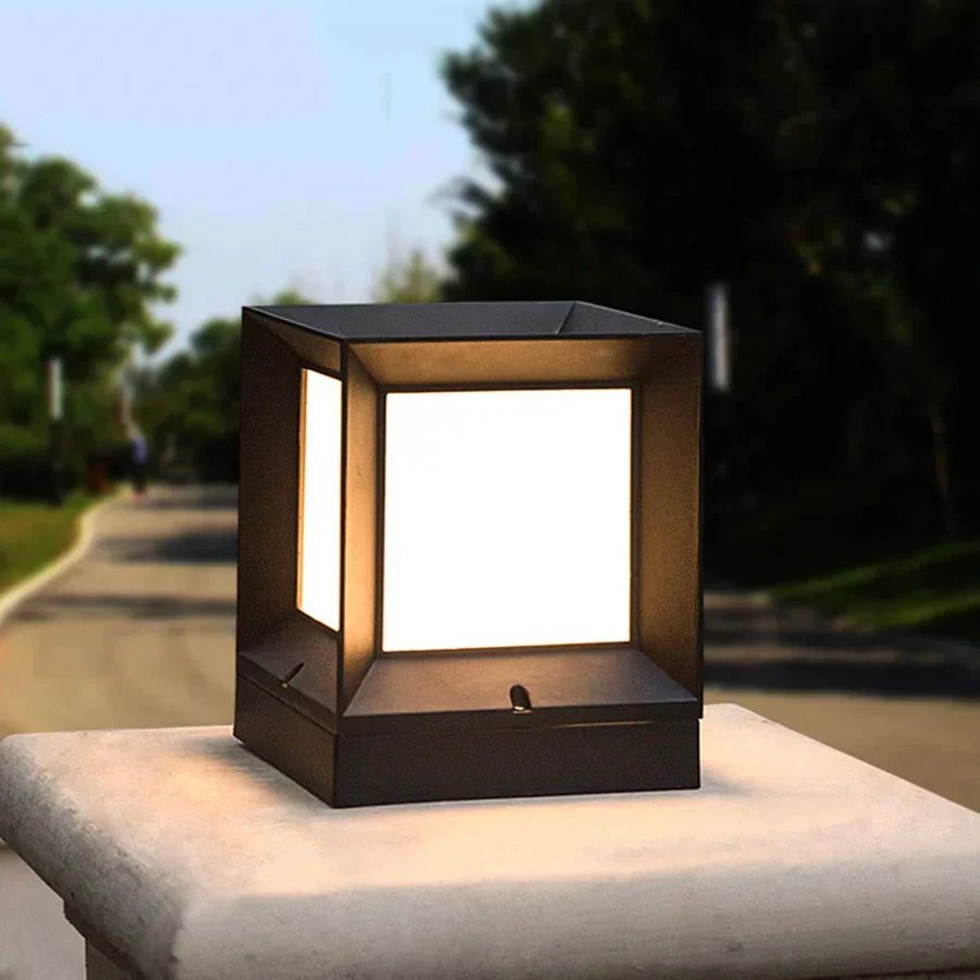 Modern Outdoor Black Cube Post Light | Stylish Pillar Lamp for Garden