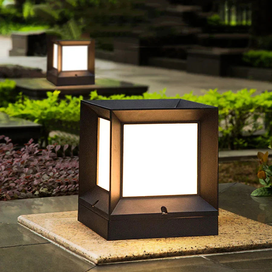 Modern Outdoor Black Cube Post Light | Stylish Pillar Lamp for Garden