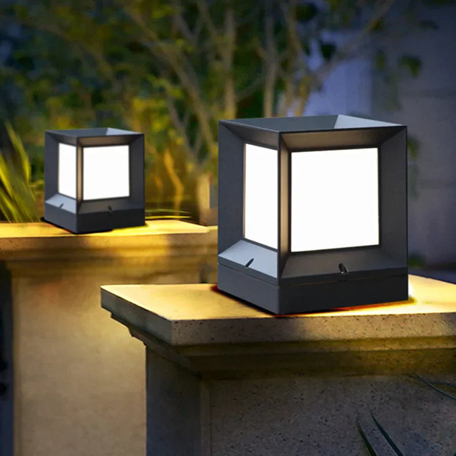 Modern Outdoor Black Cube Post Light | Stylish Pillar Lamp for Garden