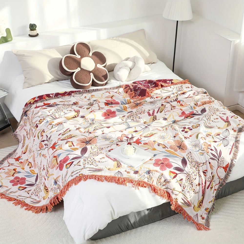 Reversible Cotton Throw Blanket - Jungle Bloom Design for Home Decor