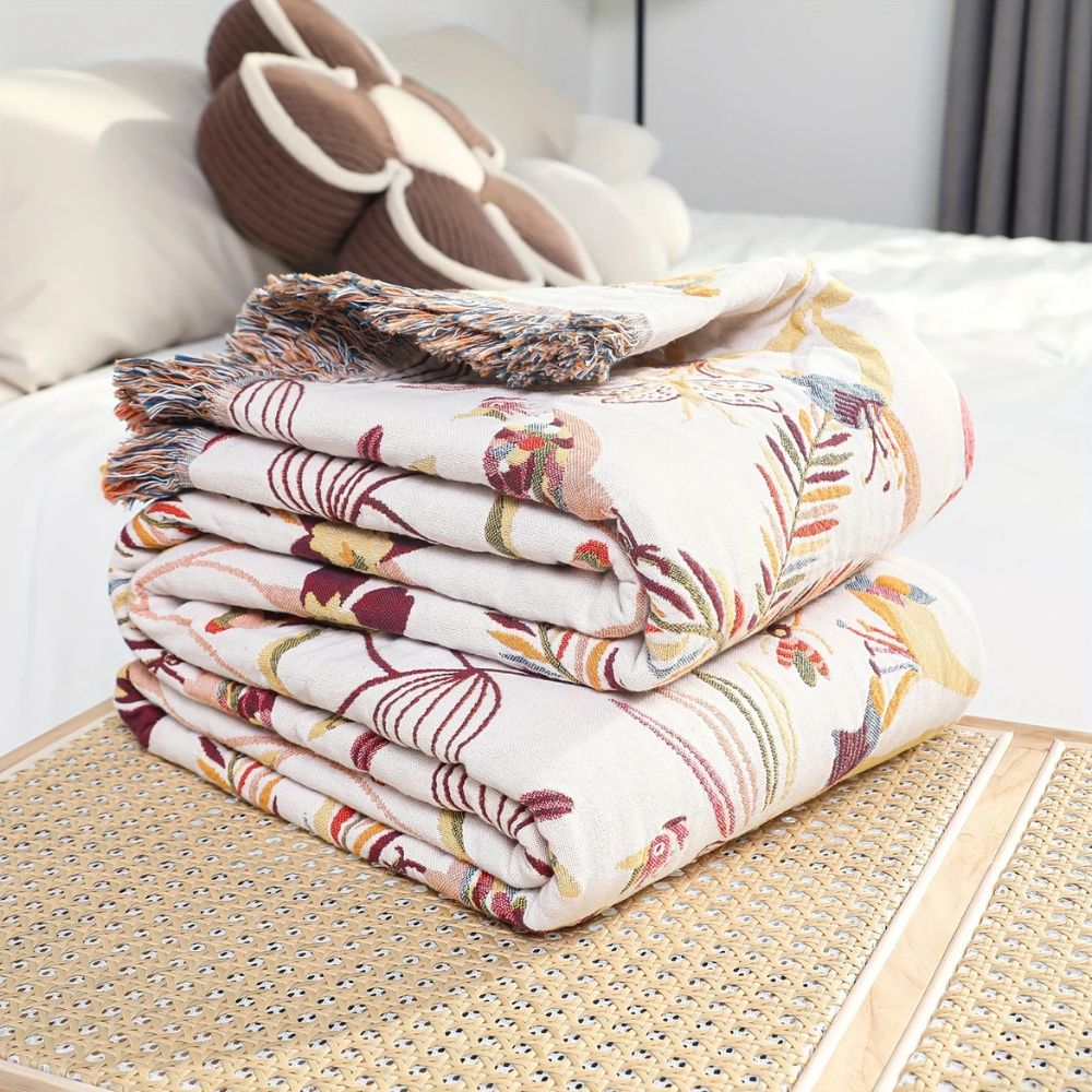 Reversible Cotton Throw Blanket - Jungle Bloom Design for Home Decor