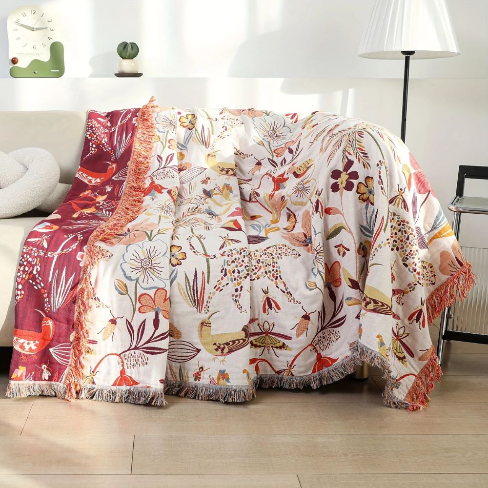 Reversible Cotton Throw Blanket - Jungle Bloom Design for Home Decor