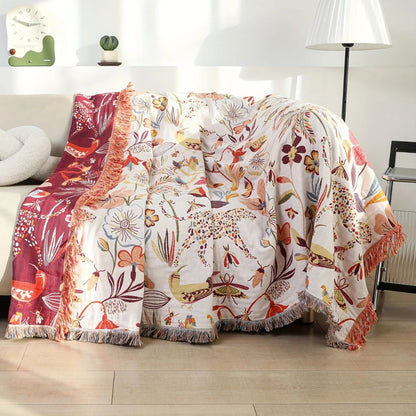 Reversible Cotton Throw Blanket - Jungle Bloom Design for Home Decor