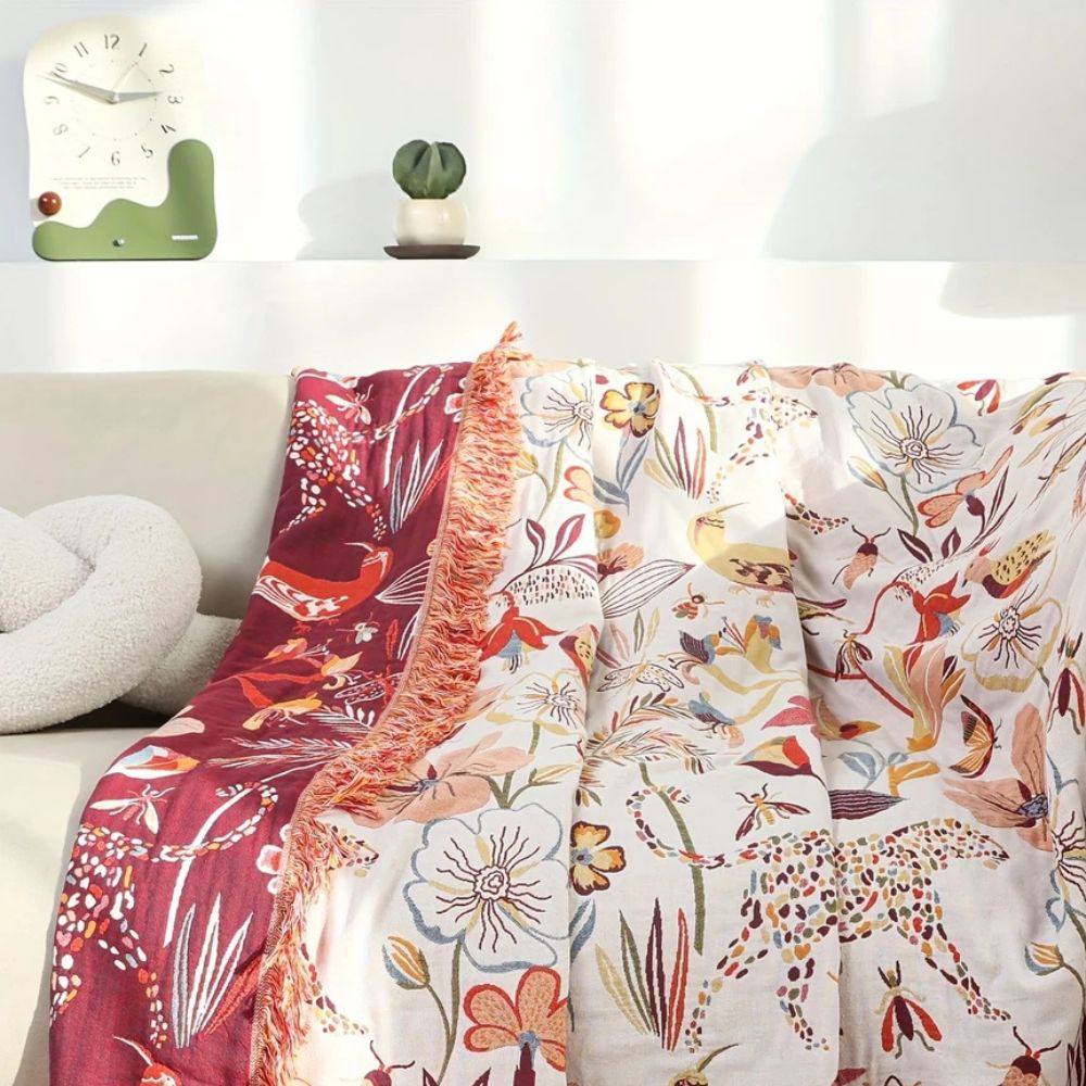 Reversible Cotton Throw Blanket - Jungle Bloom Design for Home Decor