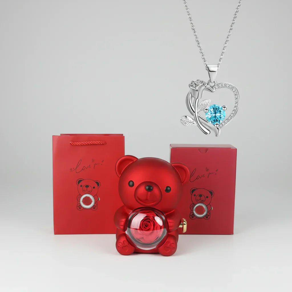 Red Heart Pendant Necklace Cute Bear Rose Gift Box