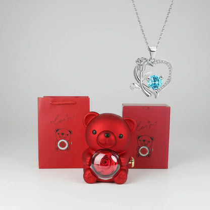 Red Heart Pendant Necklace Cute Bear Rose Gift Box