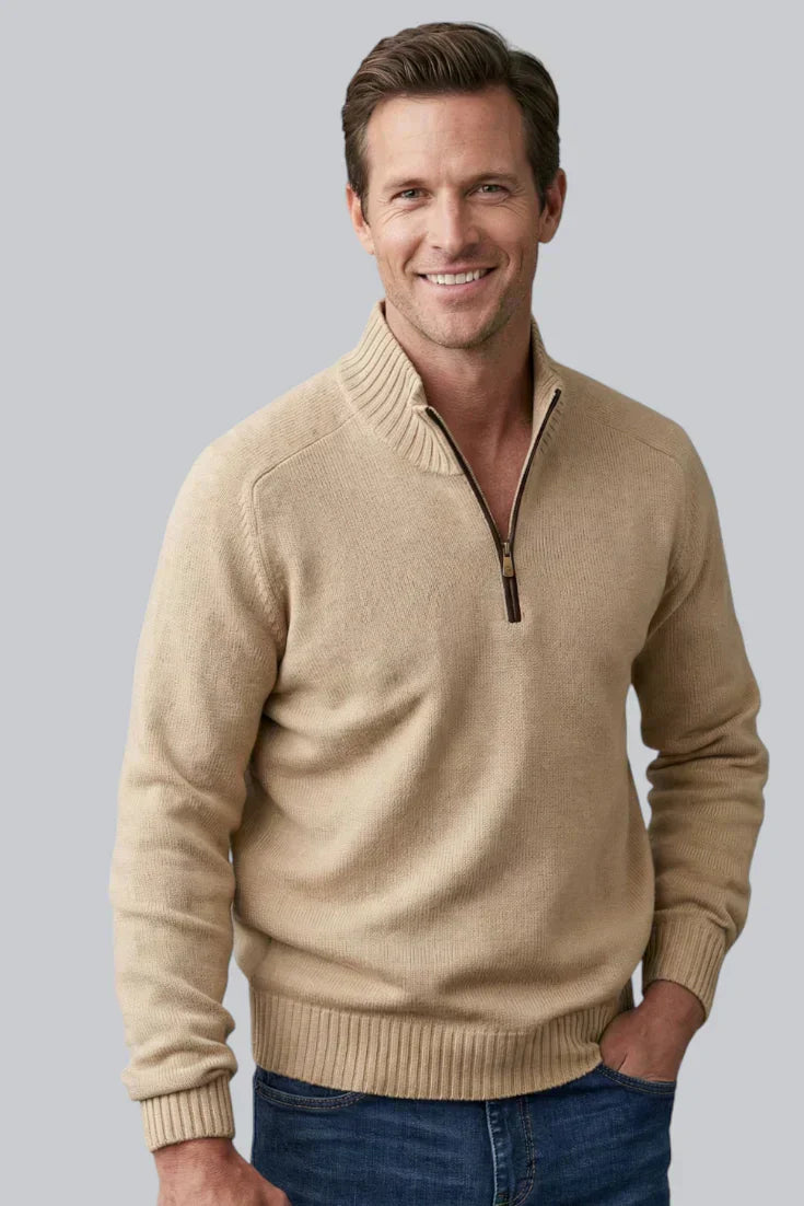 Men’s Knitted Quarter Zip Jumper featuring Ribbed Hem and Long Sleeves