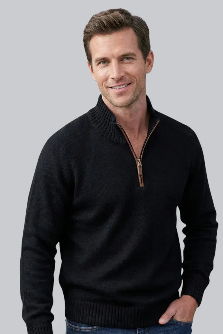 Men’s Knitted Quarter Zip Jumper featuring Ribbed Hem and Long Sleeves