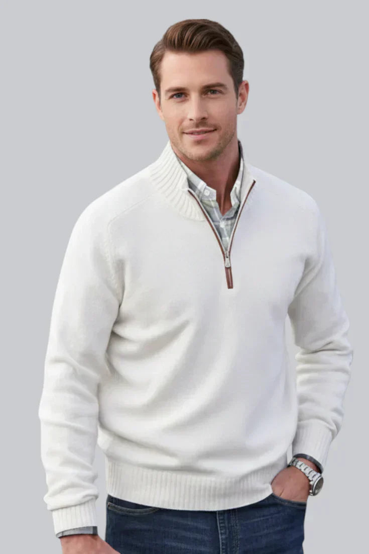 Men’s Knitted Quarter Zip Jumper featuring Ribbed Hem and Long Sleeves