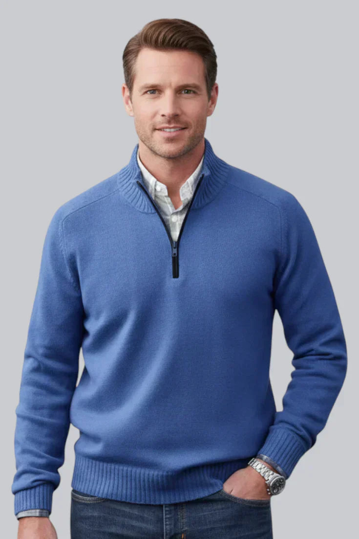 Men’s Knitted Quarter Zip Jumper featuring Ribbed Hem and Long Sleeves