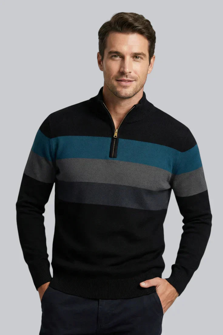 Men’s Striped Jumper featuring Zip Closure and Long Sleeves