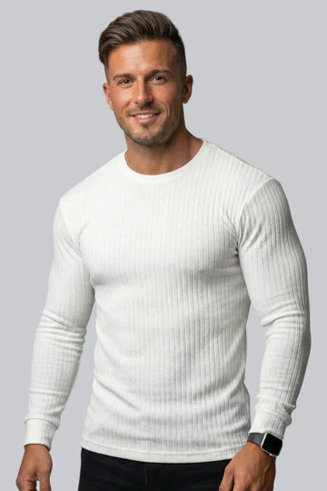 Men's Ribbed Crew Neck Jumper with Long Sleeves and Smooth Touch