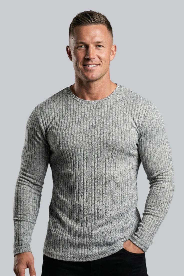 Men's Ribbed Crew Neck Jumper with Long Sleeves and Smooth Touch