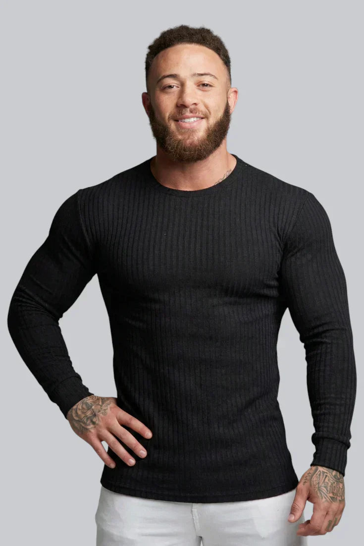 Men's Ribbed Crew Neck Jumper with Long Sleeves and Smooth Touch