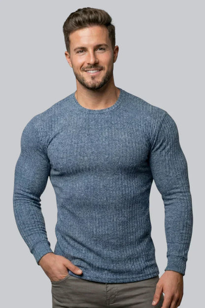 Men's Ribbed Crew Neck Jumper with Long Sleeves and Smooth Touch