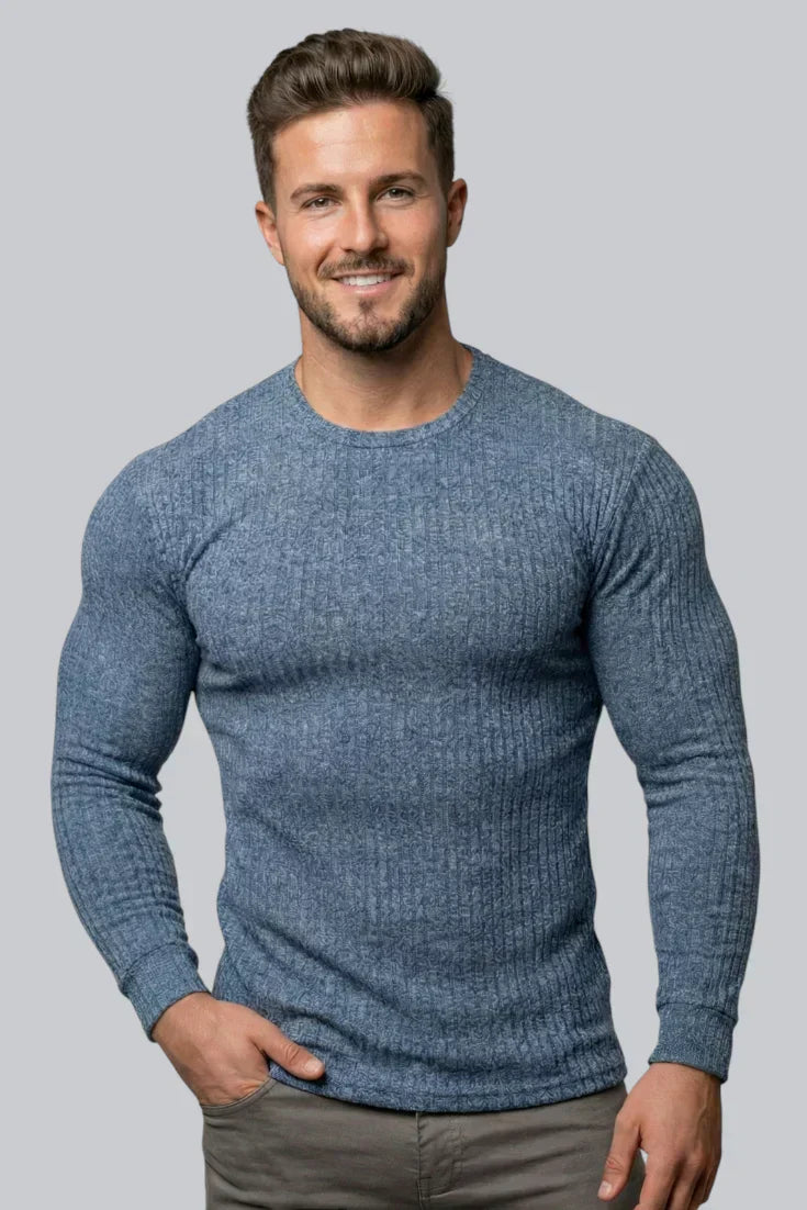 Men's Ribbed Crew Neck Jumper with Long Sleeves and Smooth Touch