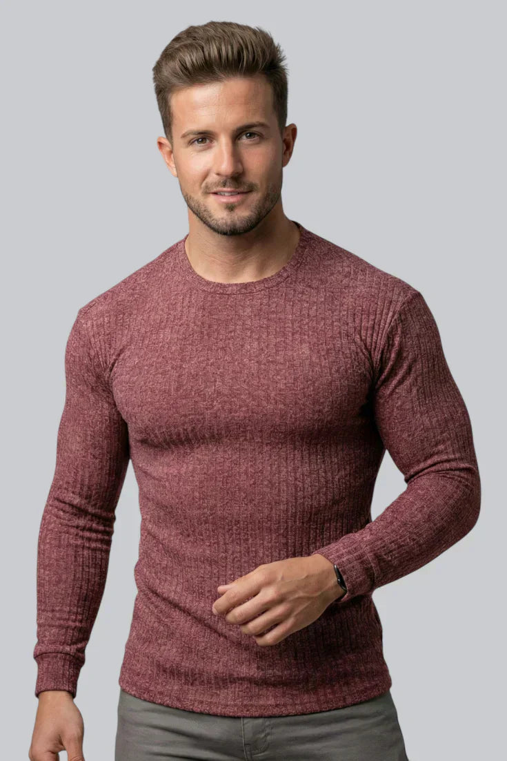 Men's Ribbed Crew Neck Jumper with Long Sleeves and Smooth Touch