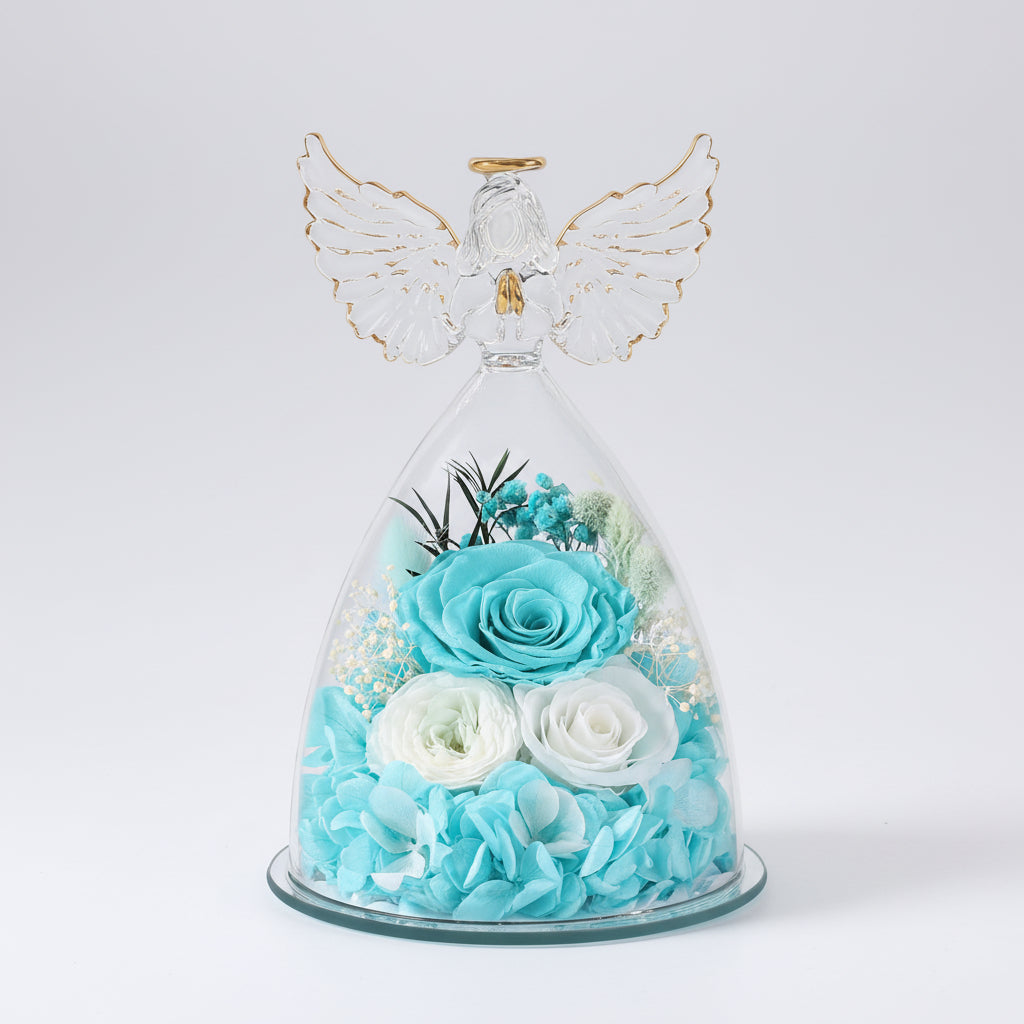 Preserved Rose Glass Angel Figurine Forever Fresh Flower