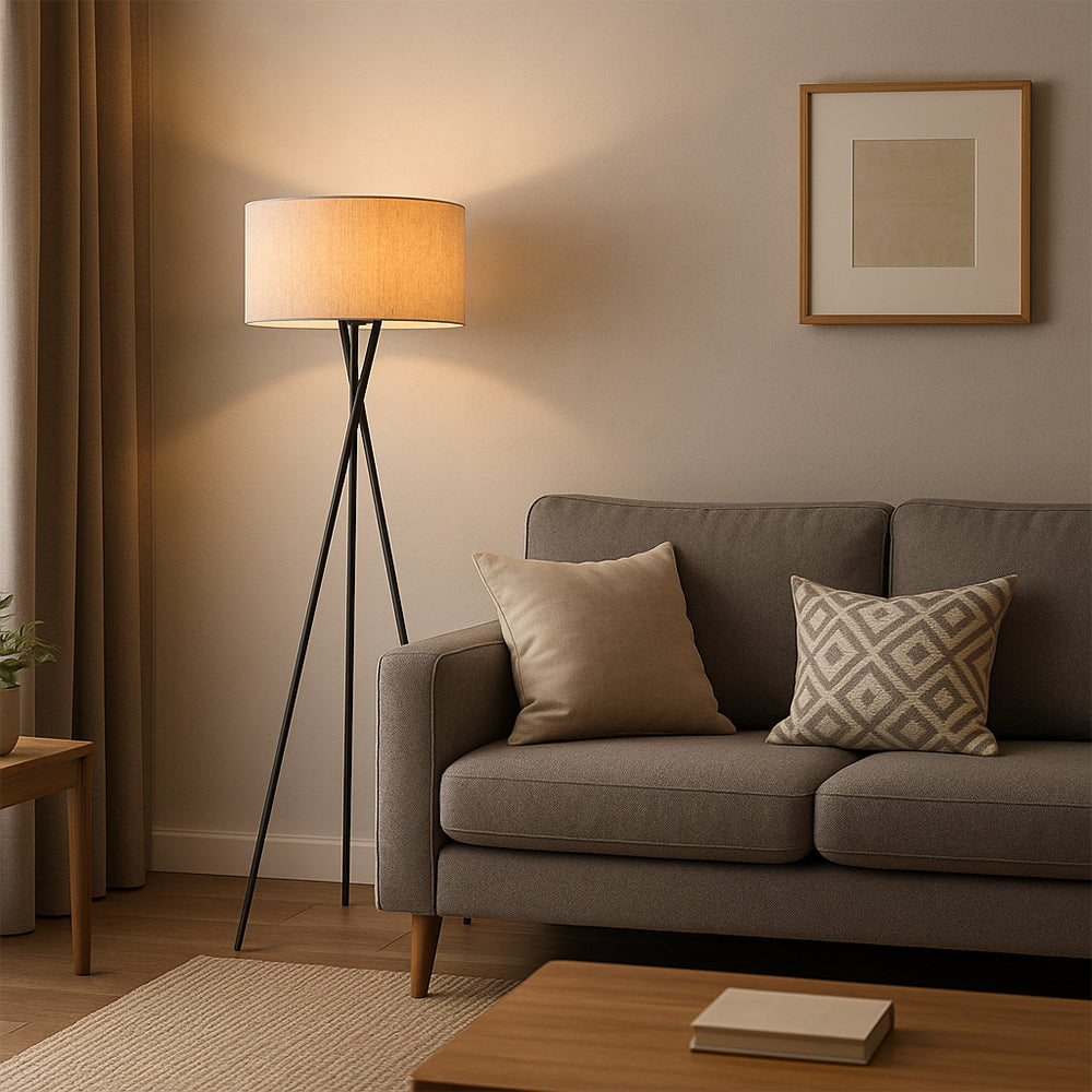 Stylish Tripod Floor Lamp with Fabric Shade & Metal Base for Living Room