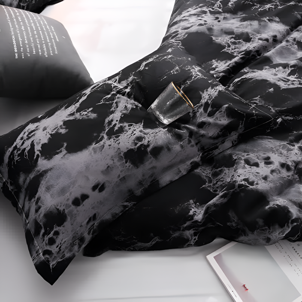 Ensemble de housse de couette luxe marbre noir - Ensemble de literie 3 pièces
