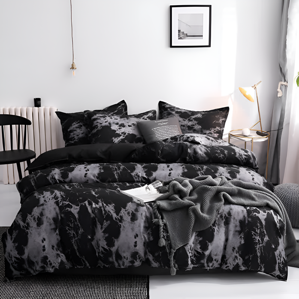 Ensemble de housse de couette luxe marbre noir - Ensemble de literie 3 pièces