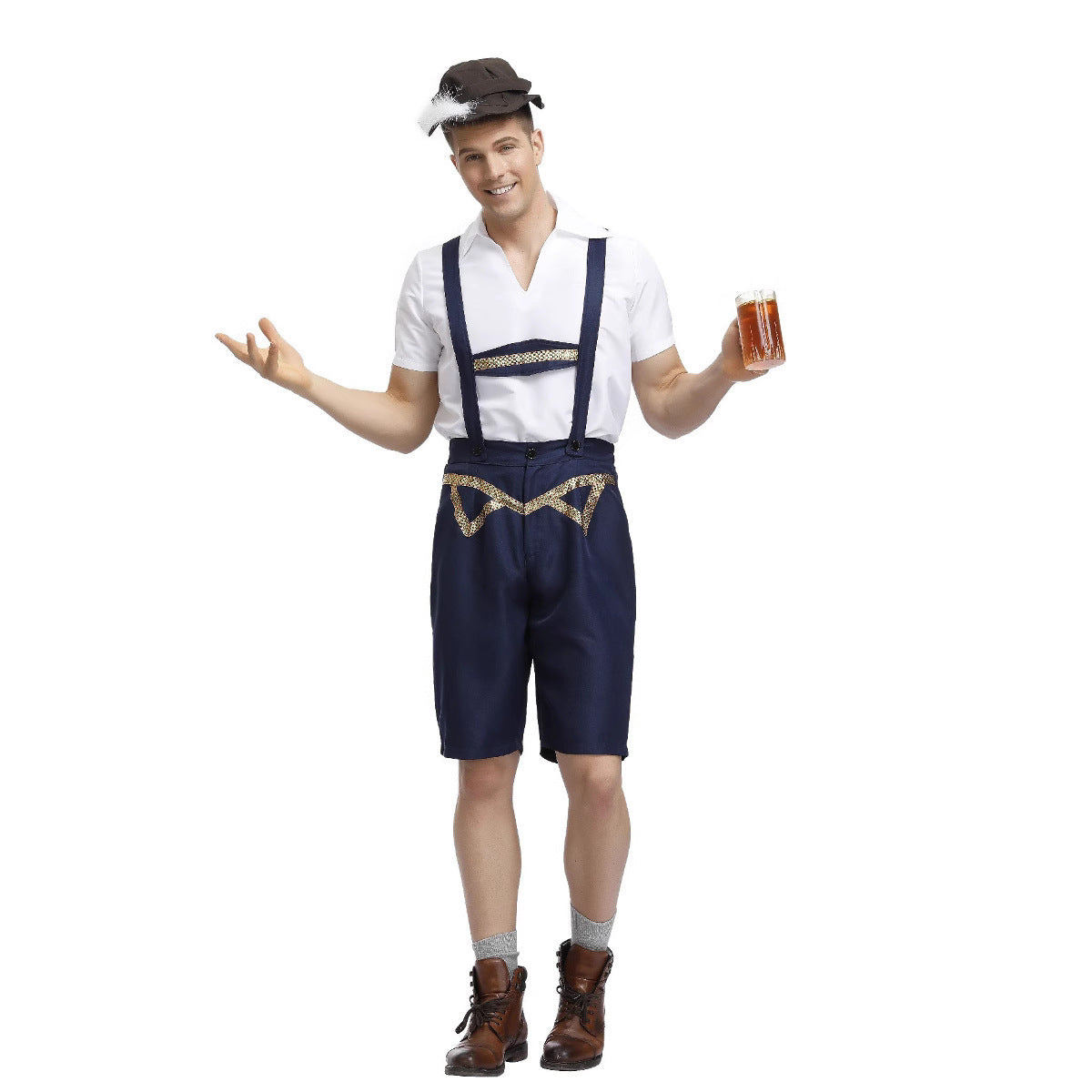 Pantalon court en cuir pour hommes avec bretelles et broderies