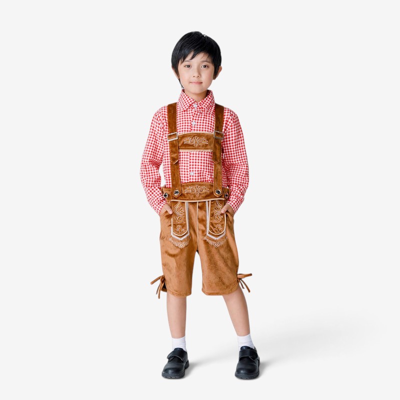 Kurzes traditionelles Trachtenoutfit für Jungen mit Stickerei und Hosenträgern