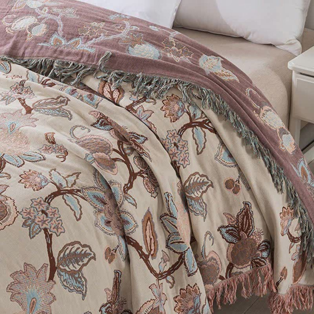 Floral Cotton Bed Blanket with Tassels - Orchid Trail Design
