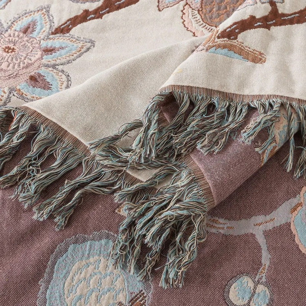 Floral Cotton Bed Blanket with Tassels - Orchid Trail Design