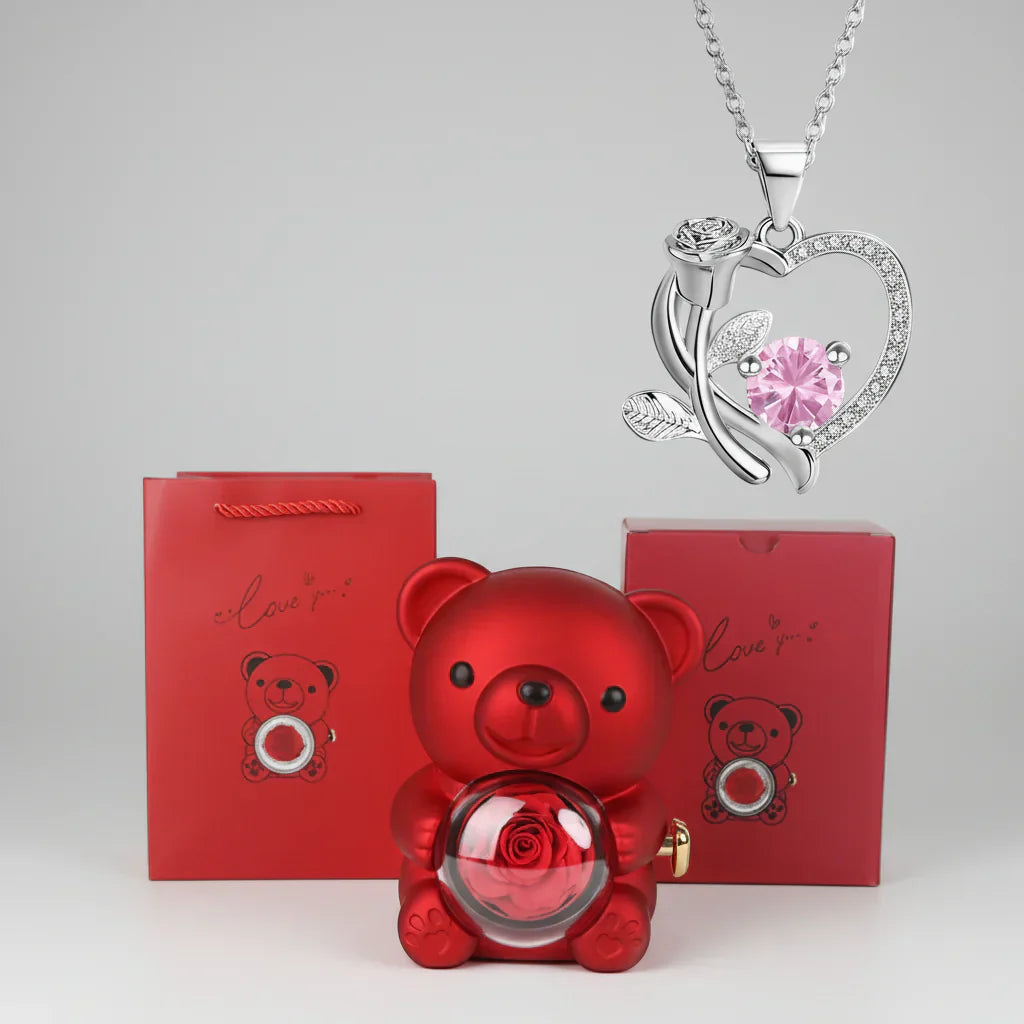 Red Heart Pendant Necklace Cute Bear Rose Gift Box