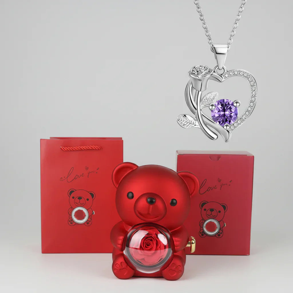 Red Heart Pendant Necklace Cute Bear Rose Gift Box