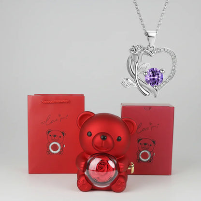 Red Heart Pendant Necklace Cute Bear Rose Gift Box
