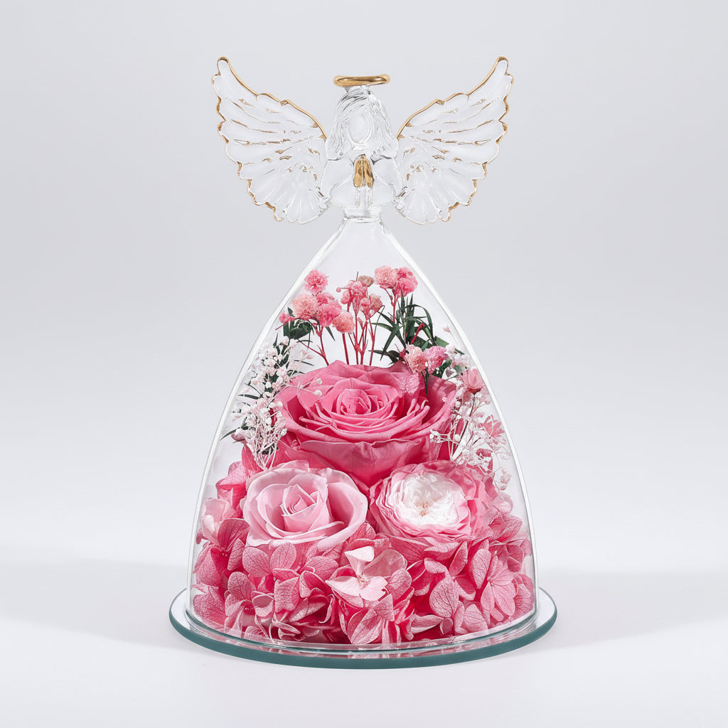 Preserved Rose Glass Angel Figurine Forever Fresh Flower